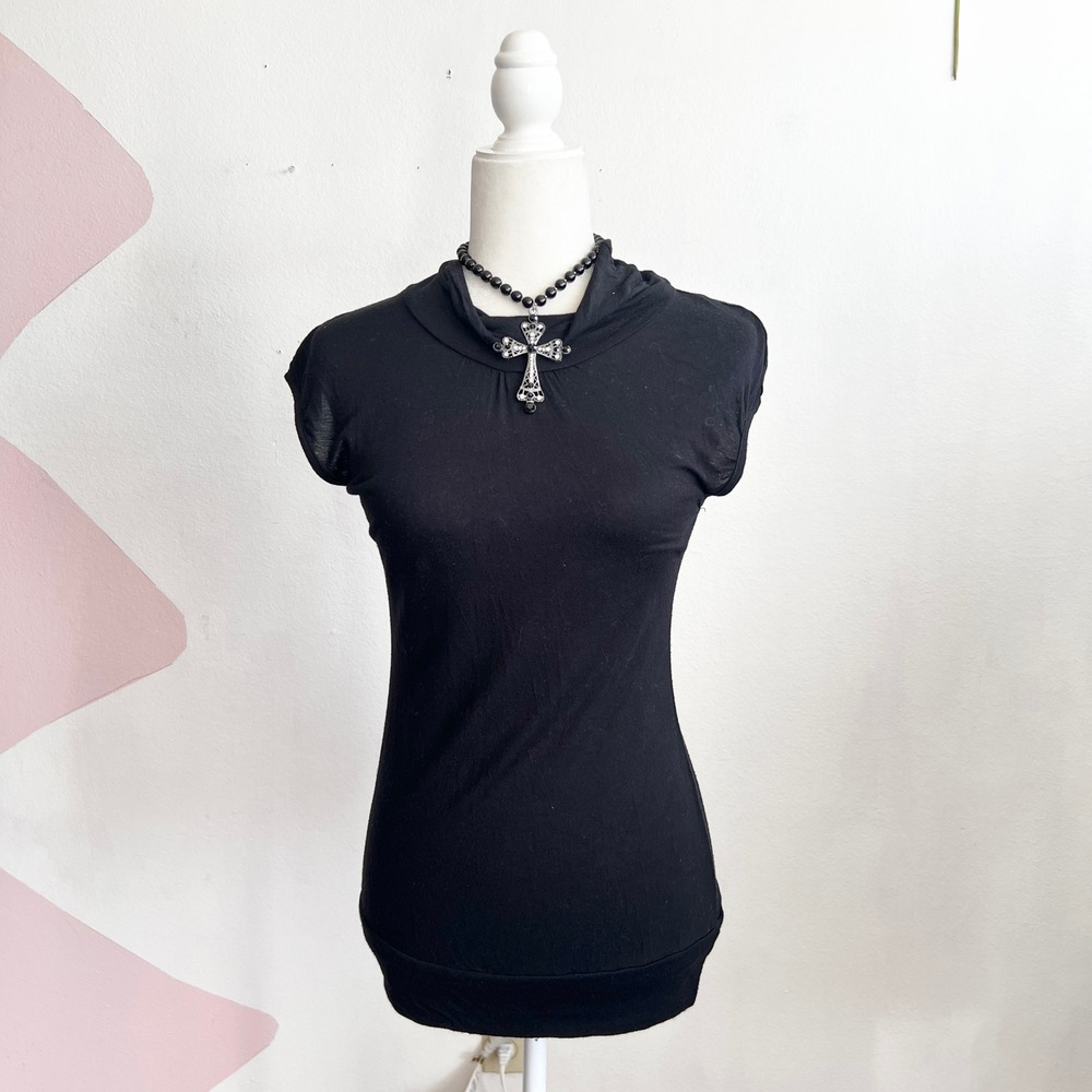 Vintage Y2K Black Cowl Neck Top 2000s Glam Minimalist 90s Classic Medium